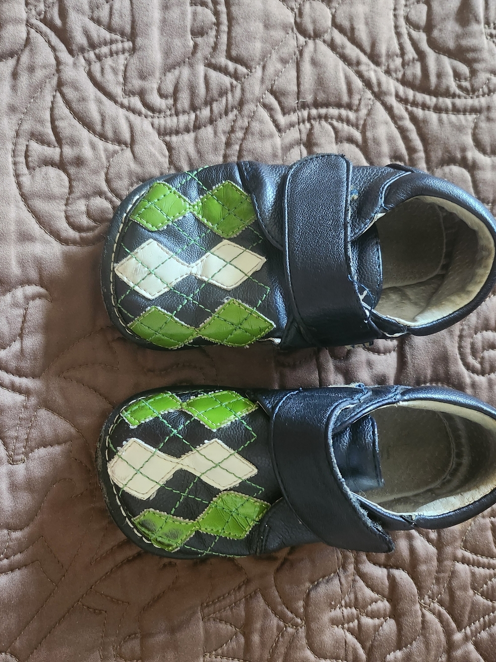 JACK AND LILY  Black Leather Shoes with Green & White Argyle Detail